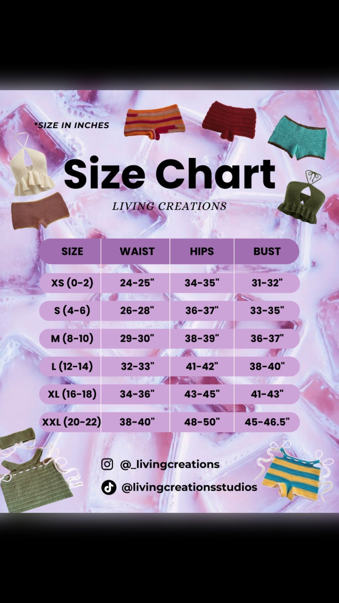 Not sure what size to order? I've got you covered! π§Άβ¨
Use this size chart as a guide when choosing your perfect fit. Each photo features my actual handmade crochet tops and shorts so you can better visualize the sizing and style.
Looking for something unique? All of my crochet pieces can be customized!
Here are just a few ideas:
π€ Longer or shorter tops
π€ More or less coverage
π€ High-waisted or low-rise bottoms
π€ Different colors or color combinations
π€ Added sleeves, ruffles, fringe, or scalloped edges
π€ Made-to-measure sizing for the perfect fit
If you have a vision, I'd love to bring it to life!
Send me a message to start your custom order. ππ§΅
#HandmadeCrochet #CustomCrochet #CrochetFashion #MadeToOrder #SlowFashion #CrochetWear #LivingCreations #CrochetArtist